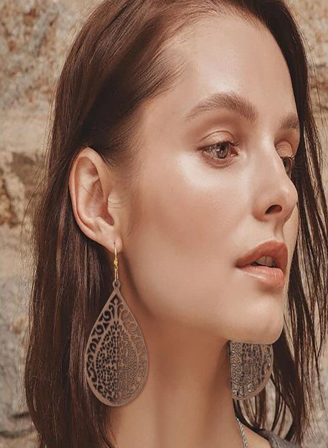 Wovanoo Wood Earrings for Women Natural Wooden Drop Dangle Earring 2 Pairs Lightweight Waterdrop Earring Set Brown - Image 3